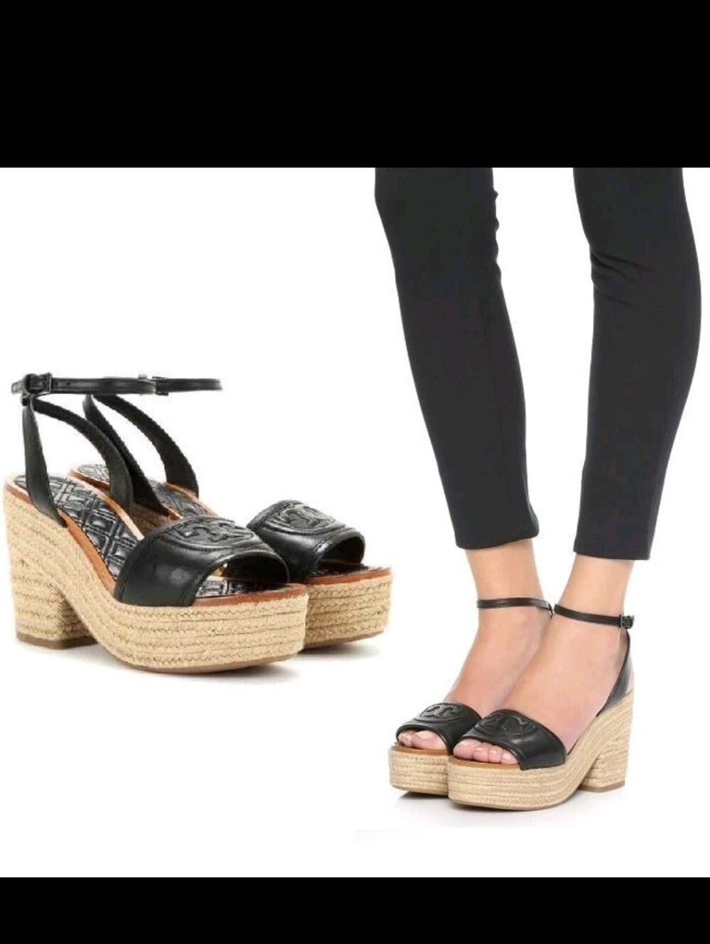 Tory Burch Black Leather Platform Espadrille Wedges